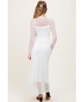 Maternity White Lace Mock Neck Long Sleeve Maxi Dress