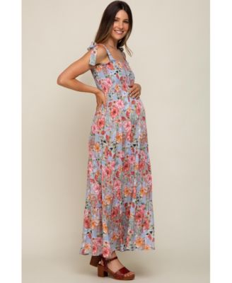 Maternity Light Blue Floral Smocked Shoulder Tie Tiered Maxi Dress