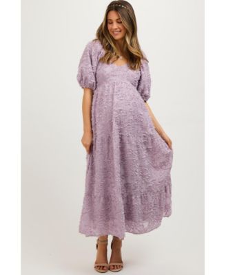 Maternity Lavender Fringe Textured Short Puff Sleeve Midi Dress