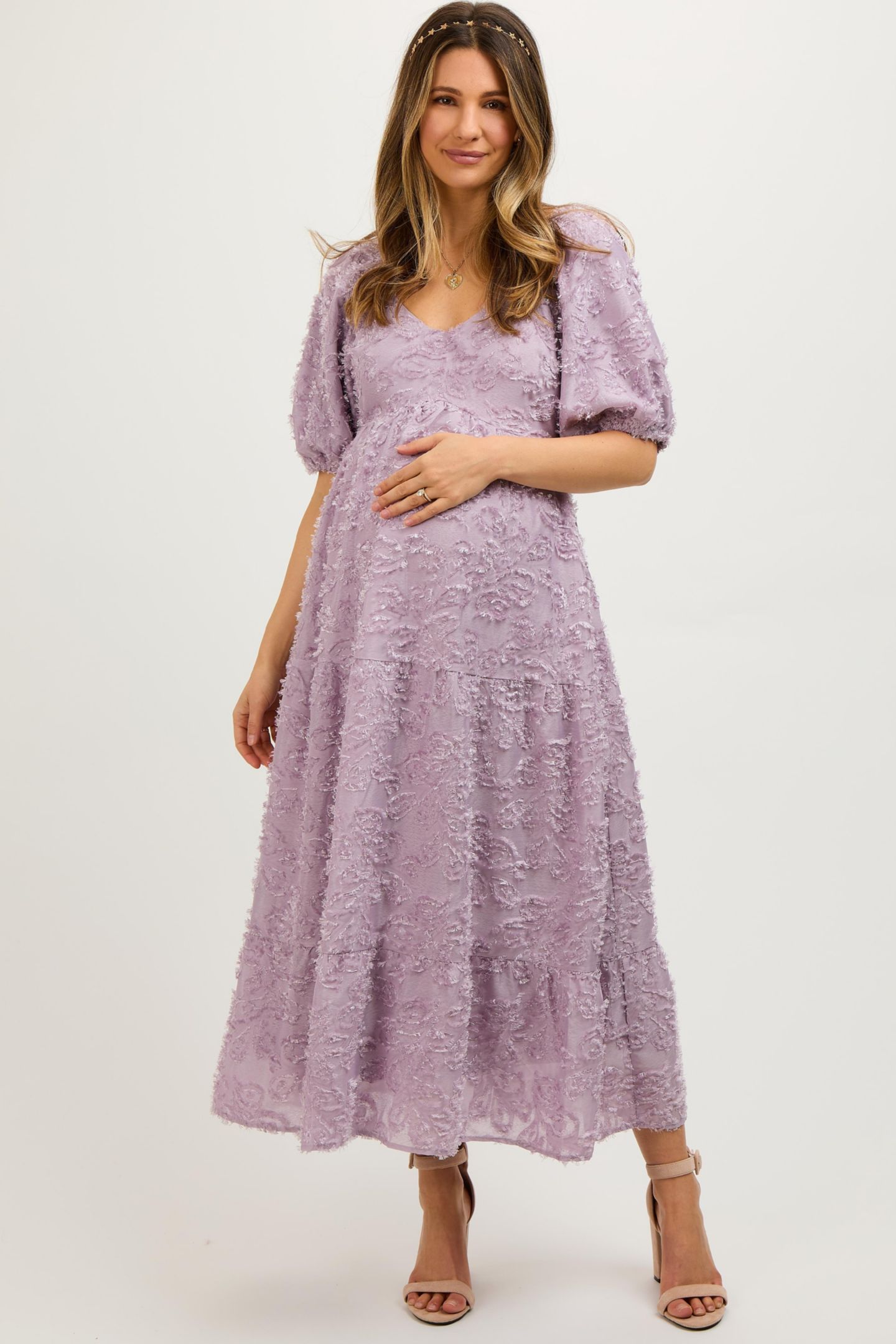 Женское платье Pinkblush Lavender Fringe Textured Short Puff Sleeve Midi, цвет: Лавандовый — фото 2