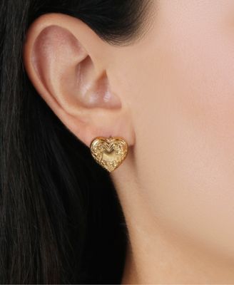 Gold Tone Heart Button Earrings