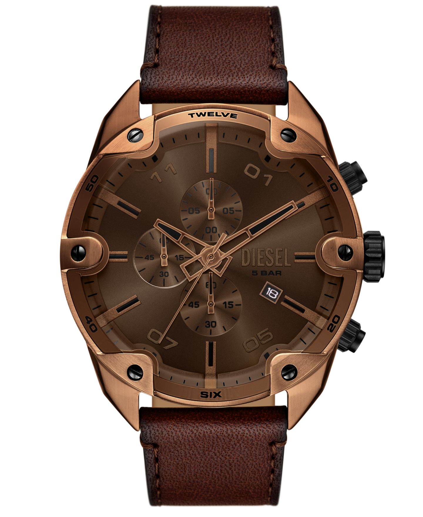 Мужские часы Diesel Spiked Quartz Chronograph Brown Leather Watch, 49mm — фото 1
