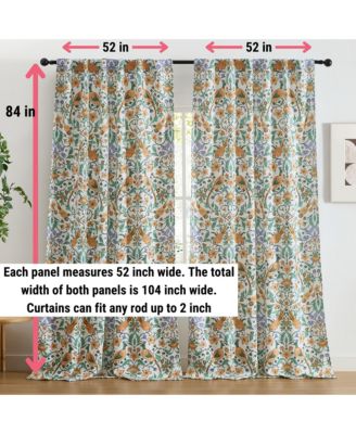Florence Floral & Birds Patterned Window Back Tab Rod Pocket Curtains Bedroom - Light Blocking Darkening Window Panels, Set of 2