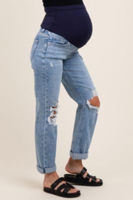 Maternity Light Blue Ripped Knee Rolled Cuff Straight Leg Jeans