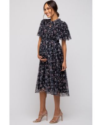 Maternity Black Floral Smocked Mesh Knit Midi Dress