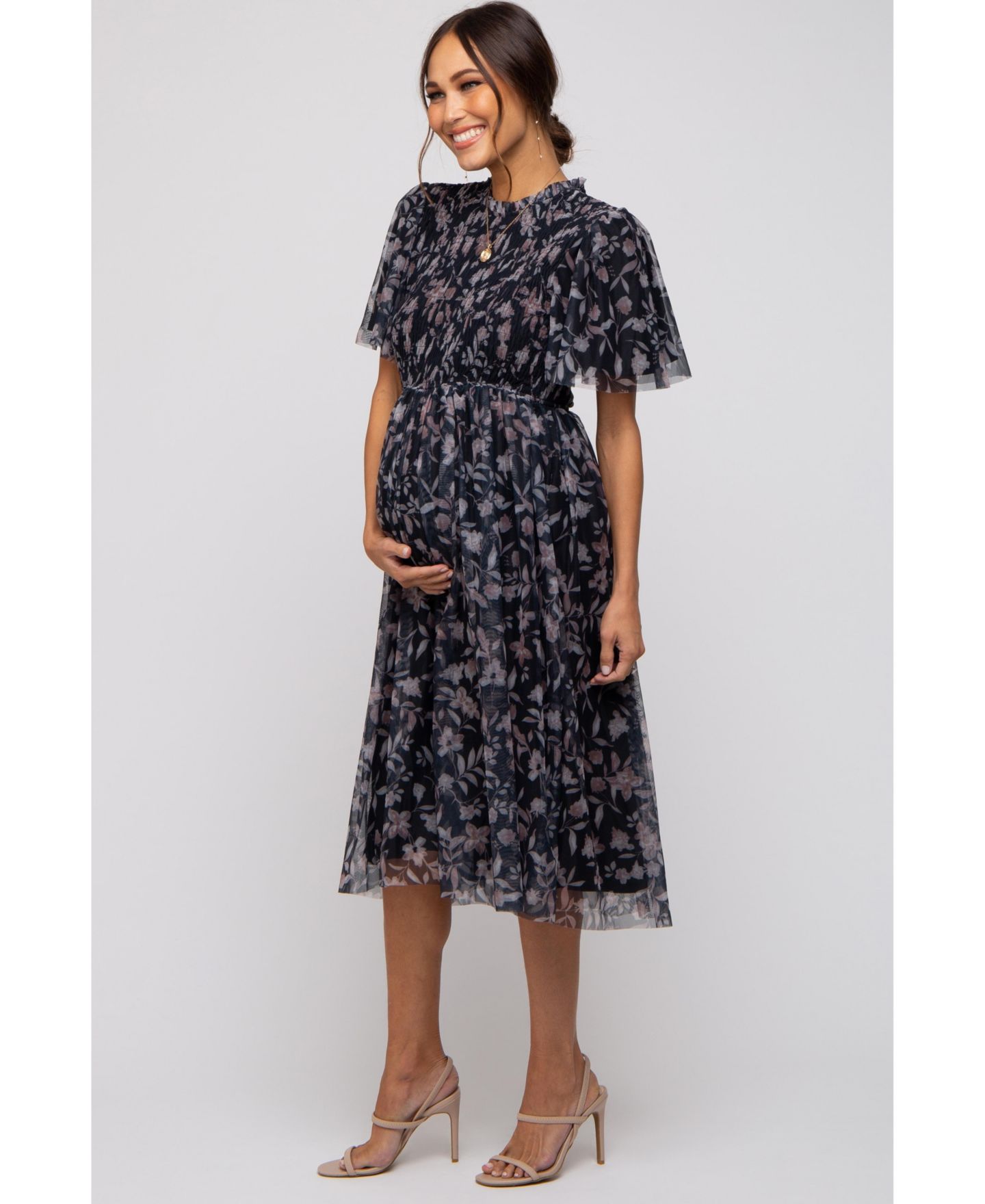 Женское платье Pinkblush Black Floral Smocked Mesh Knit Midi, цвет: Чёрный — фото 2