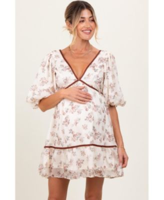 Maternity Cream Floral Deep V-Neck Back Cutout Dress