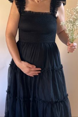Maternity Smocked Mesh Ruffle Accent Midi Dress