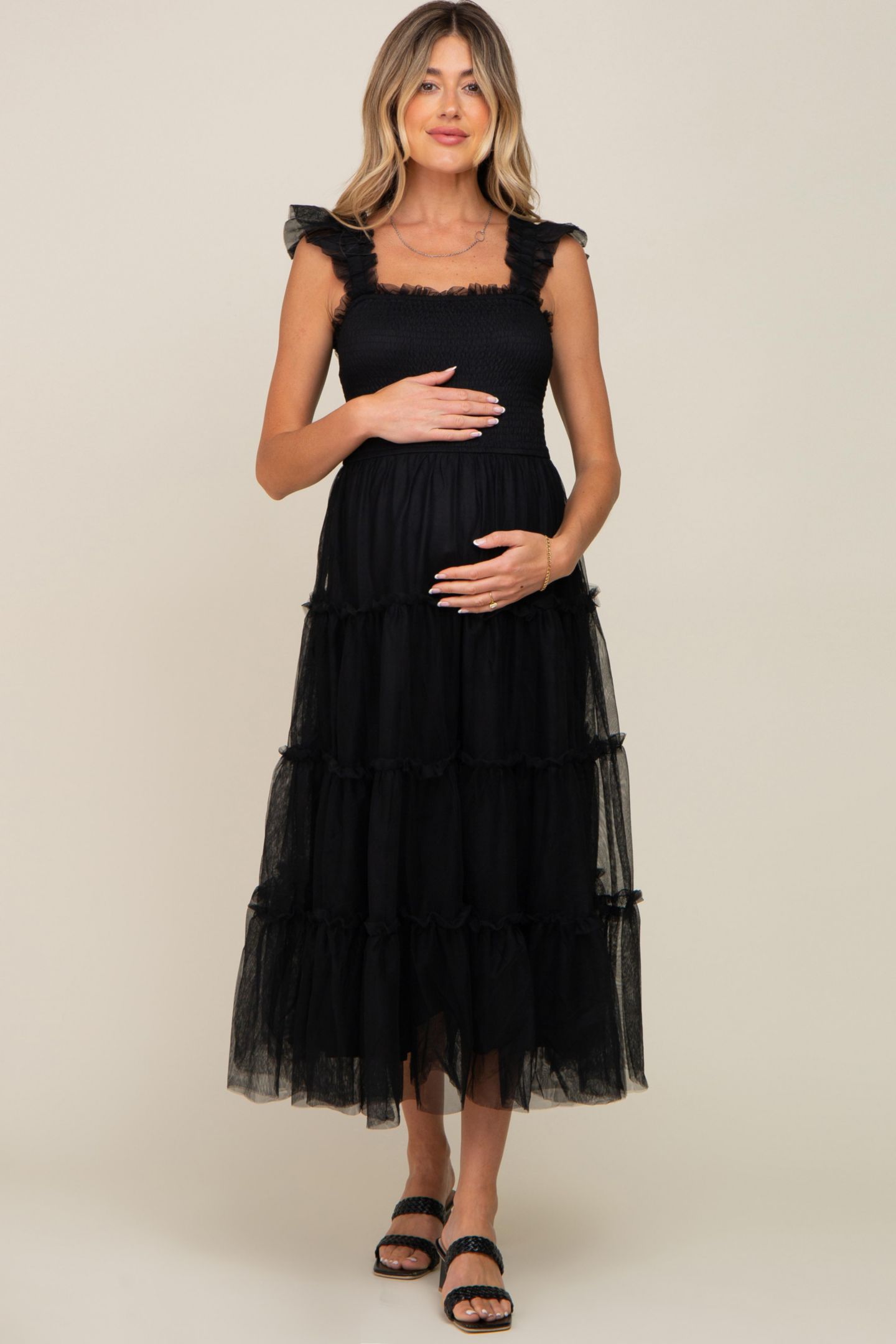 Женское платье Pinkblush Smocked Mesh Ruffle Accent Midi, цвет: Чёрный — фото 1