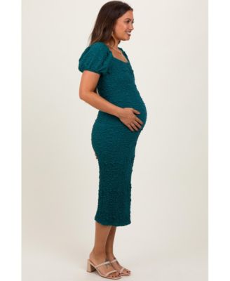 Forest Green Textured Square Neck Puff Sleeve Maternity Midi Dress