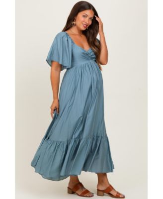 Maternity Blue Flutter Sleeve Ruffle Hem Midi Dress