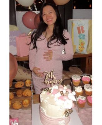 Maternity Pink Metallic Off Shoulder Long Sleeve Wrap Photoshoot Gown/Dress