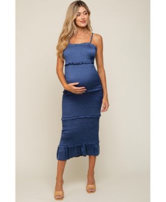 Olive Satin Smocked Fitted Maternity Maxi Dress