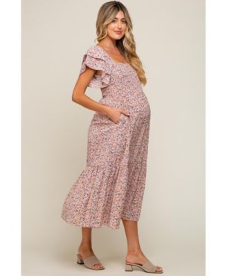 Maternity Light Pink Floral Flutter Midi Dress
