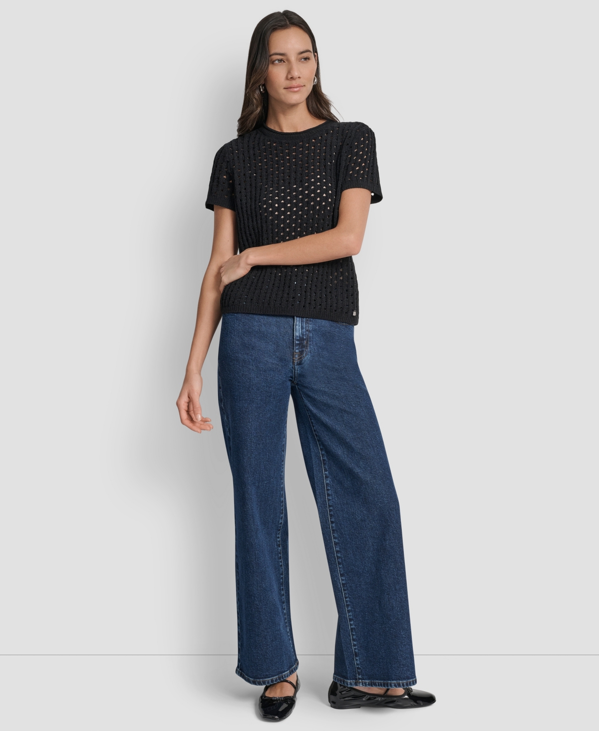 Dkny Jeans Women's Open Stitch Crewneck Short-sleeve Sweater In Black