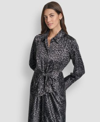 Women's Print Long Sleeve Satin Tie Dress