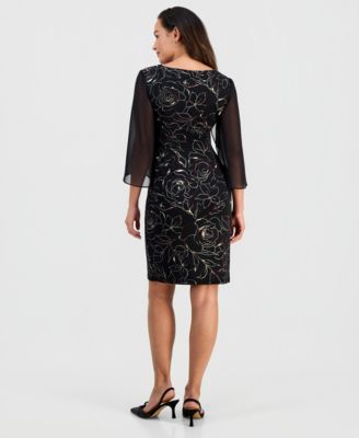 Petite Sheer-Sleeve Printed Sheath Dress