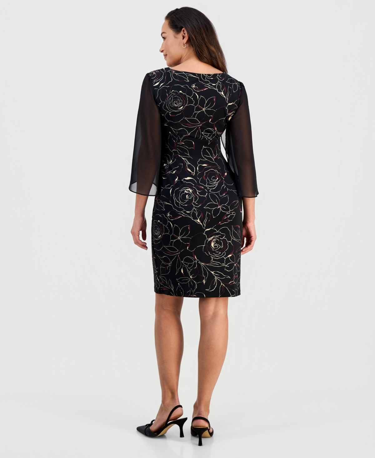 Connected Petite Sheer-Sleeve Printed Sheath Dress