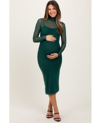 Maternity Forest Green Mesh Overlay Fitted Midi Dress