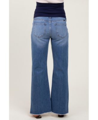 Blue Distressed Fringe Hi-Lo Hem Cropped Flare Maternity Jeans