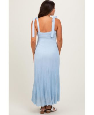  Light Blue Textured Knit Shoulder Tie Maternity Midi Dress