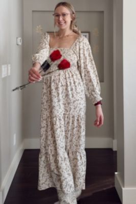 Maternity Cream Floral Smocked Long Sleeve Maxi Dress