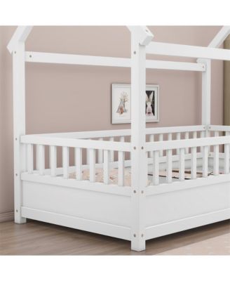 Kids Wooden House Floor Bed with Roof & Fence Guardrails Twin Size Low Profile Play Bed for Boys and Girls