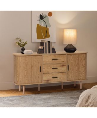 Oak Finish MDF Wood 3-Drawer Sideboard Cabinet with Sliding Doors & Rounded Corners