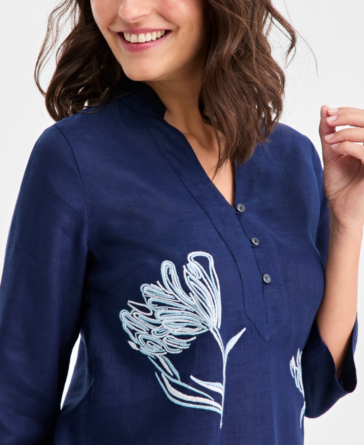 Charter Club Women's 100% Linen Embroidered-Floral 3/4-Sleeve Tunic, Macy's Exclusive