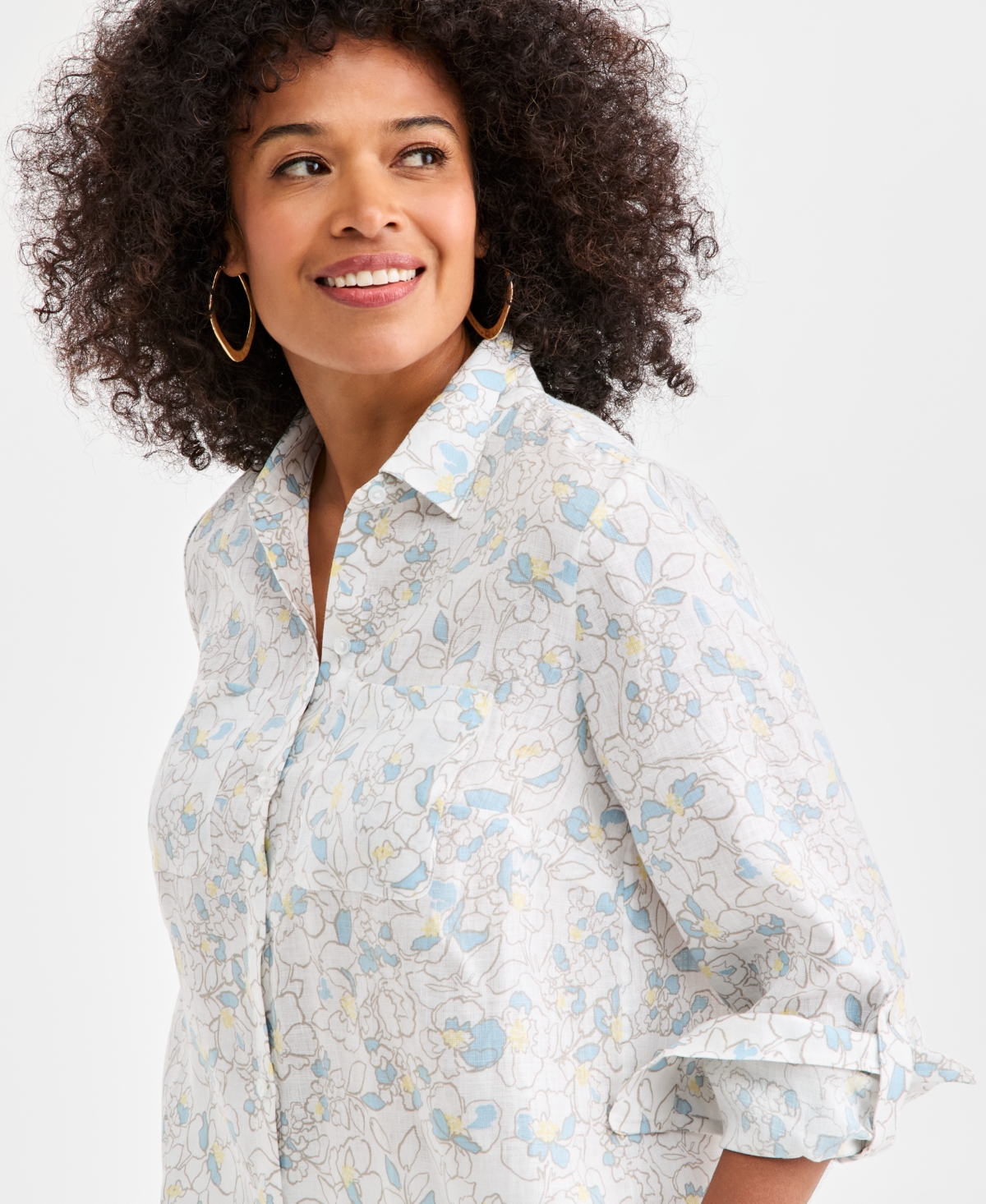 Charter Club Women's 100% Linen Floral Roll-Tab-Sleeve Shirt, Macy's Exclusive