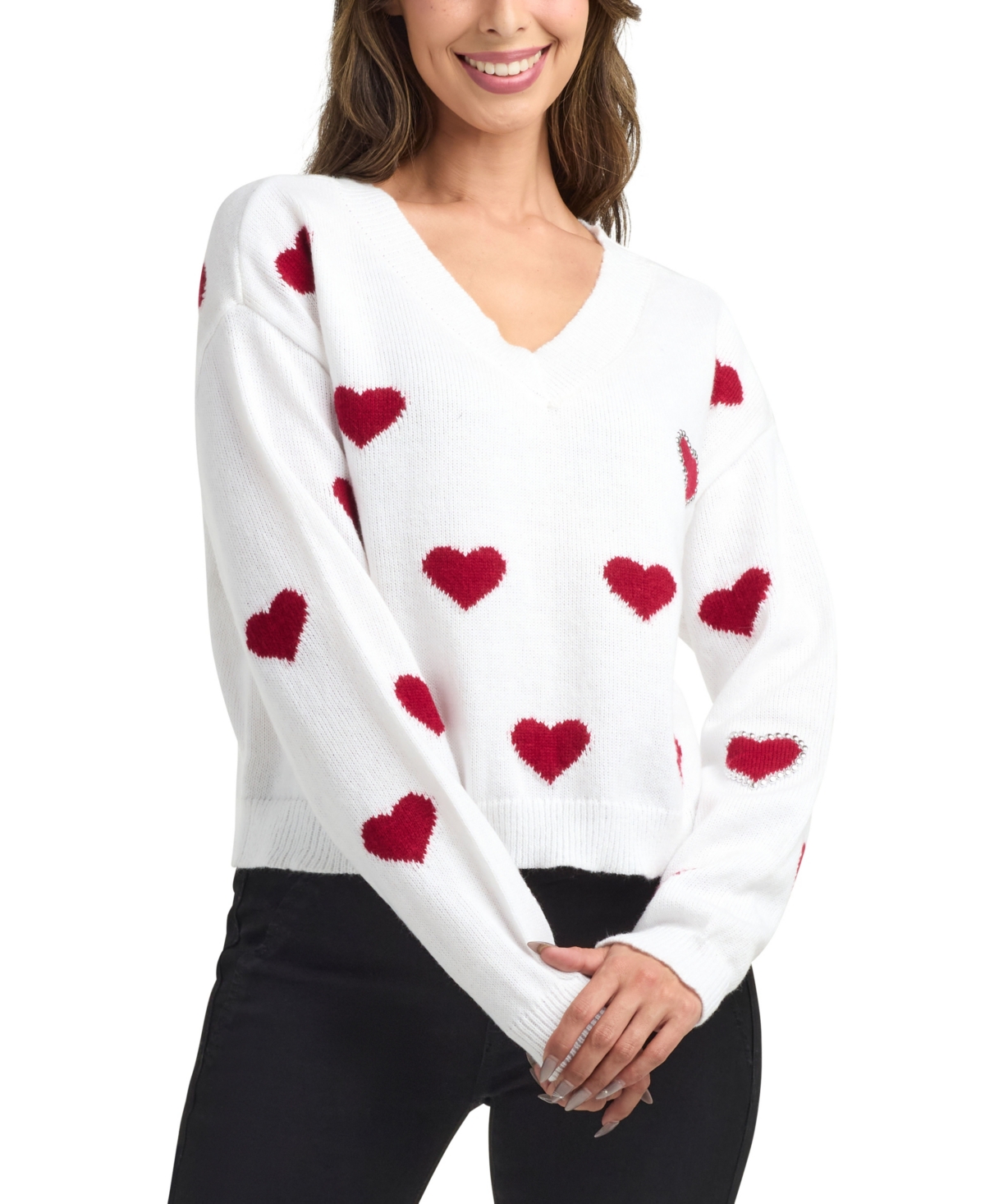 Bcx Women's V-Neck Pull-On Heart Sweater