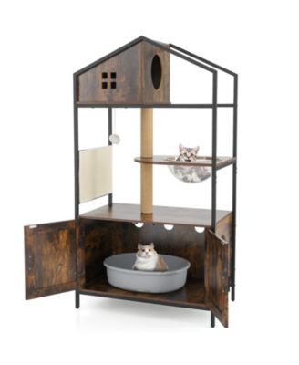 Cat Tree w/ Litter Box Enclosure w/ Hidden Washroom Scratching Posts & Pad
