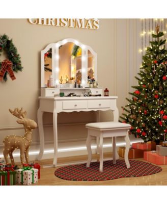 2Pc Lighted Mirror and Drawers Makeup Vanity Table Set