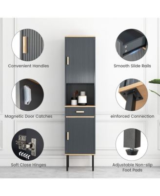 Tall Bathroom Storage Cabinet Freestanding Narrow Linen Tower w/ Doors & Drawer