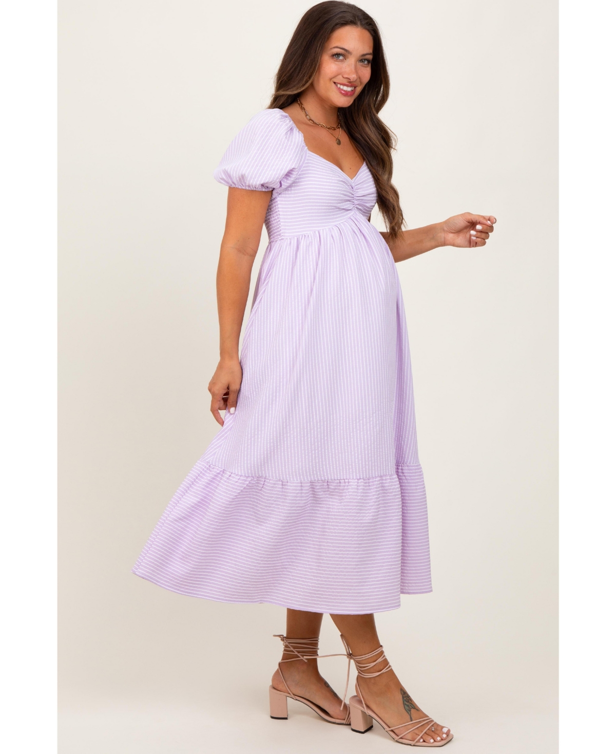 Pinkblush Maternity Lavender Sweetheart Stripe Smocked Back Midi Dress