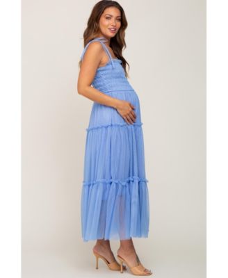 Maternity Light Blue Smocked Mesh Midi Dress