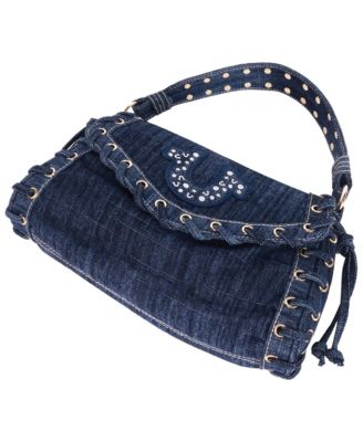 Studded Horseshoe Eyelet Denim Flap Bag
