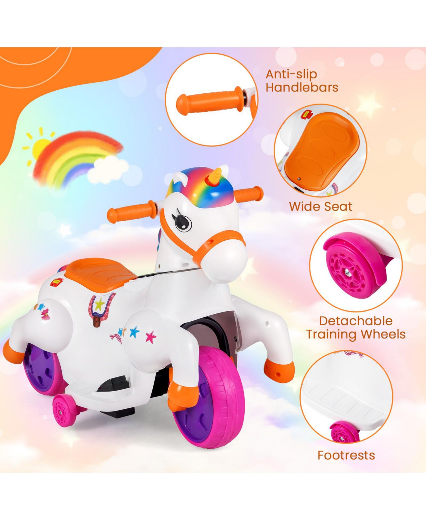 Детская игрушка Gymax 12V Kids Unicorn Ride-On Toy With Training Wheels, 66 lbs. Capacity, Ages 3+, цвет: Белый — фото 6