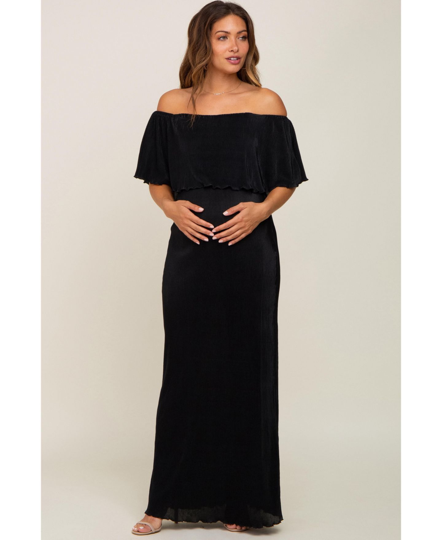 Женское платье Pinkblush Burgundy Pleated Ruffle Off Shoulder Maxi, цвет: Чёрный — фото 1