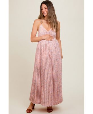 Maternity Light Pink Floral Pleated Back Cutout Maxi Dress