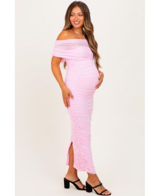 Maternity Lavender Ruched Mesh Foldover Off Shoulder Maxi Dress