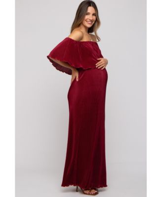 Maternity Forest Green Pleated Ruffle Off Shoulder Maxi Dress