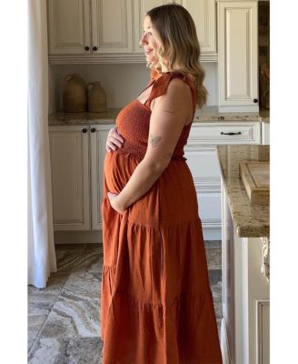 Maternity Rust Bow Strap Tiered Midi Dress