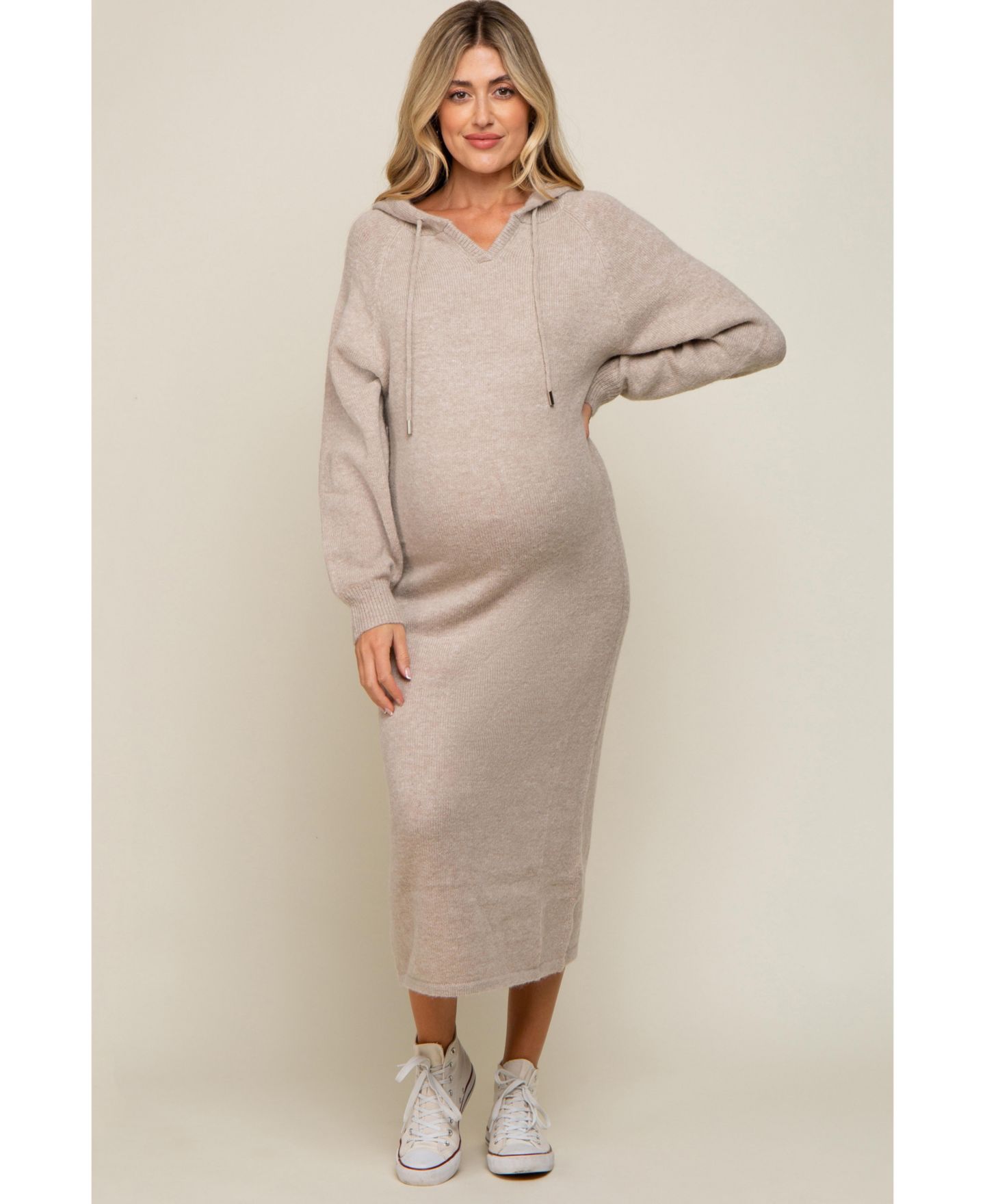 Женское платье Pinkblush Maternity Beige Hooded Sweater Midi, цвет: Бежевый — фото 1
