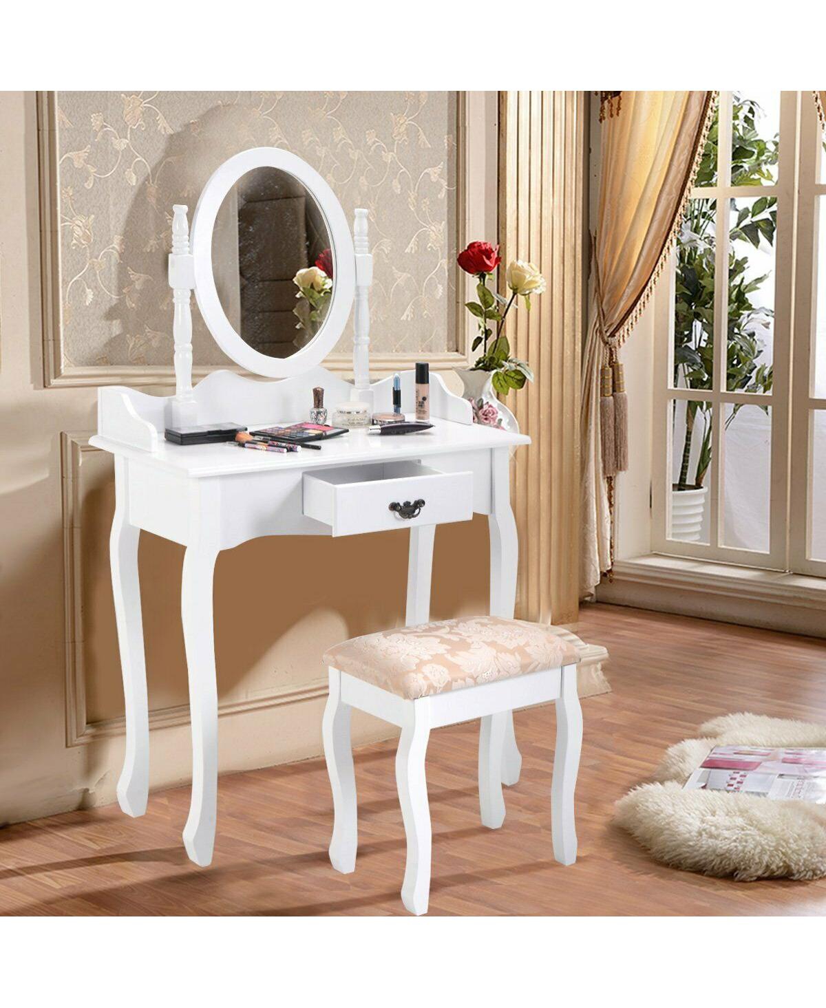Volenca Wooden Vanity Table Set with Oval Mirror and Cushioned Stool