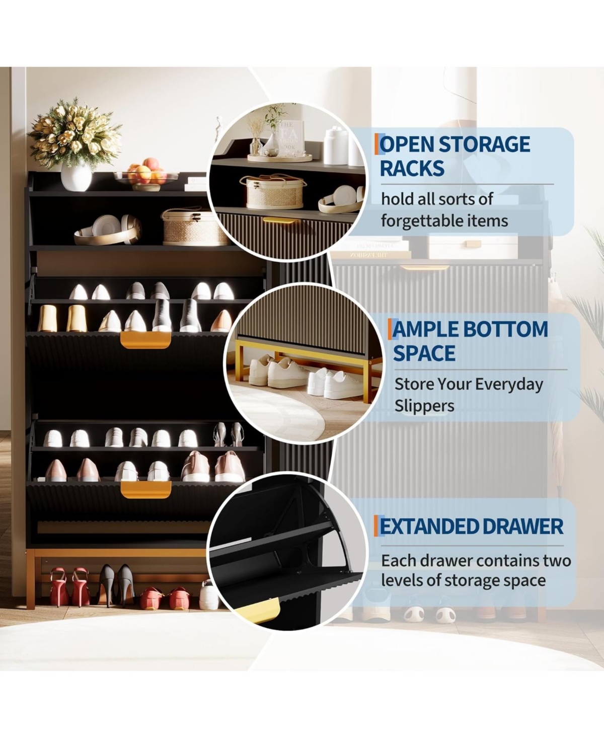 Narrow Shoe Cabinet Storage for Entryway, Modern Fluted Shoe Rack Organizer with 2 Flip Drawers and an Open Shelf for Hallway, Living Room, Black