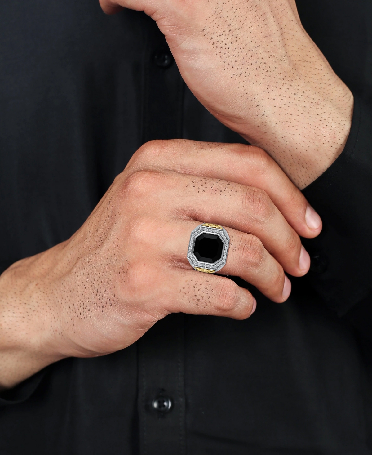 Macy's Diamond (1/2 Ct. T.w.) And Black Onyx (4.90 Ct. T.w.) Ring In Yellow Gold Plated Sterling Silver In Metallic