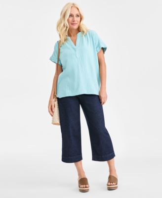 Women's Cotton Gauze Split-Neck Dolman-Sleeve Shirt