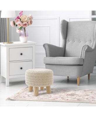 Hand-Knitted Cotton Pouf Ottoman Footstool, 13" Round x 11" High, Boho Accent Footrest with Non-Skid Legs, Foot Stool and Extra Seating