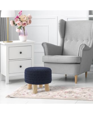 Hand-Knitted Cotton Pouf Ottoman Footstool, 13" Round x 11" High, Boho Accent Footrest with Non-Skid Legs, Foot Stool and Extra Seating